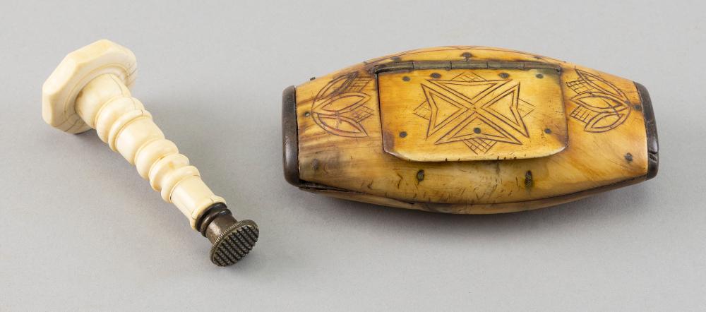 CARVED HORN SNUFF BOX AND A BONE 34f866