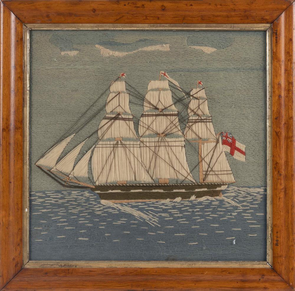 ENGLISH WOOLWORK PICTURE OF A THREE MASTED 34f9b1