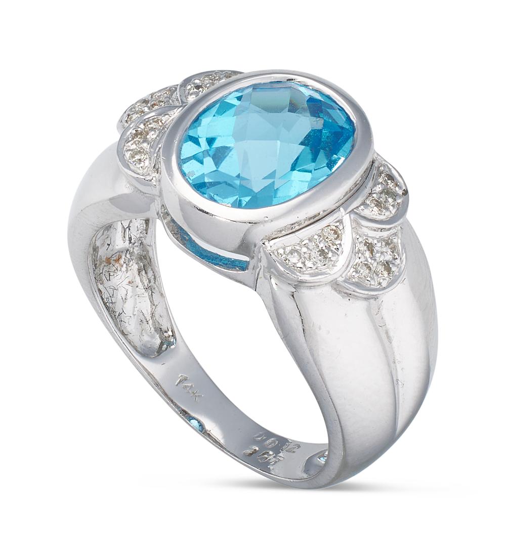 BLUE TOPAZ, DIAMOND AND 14KT WHITE