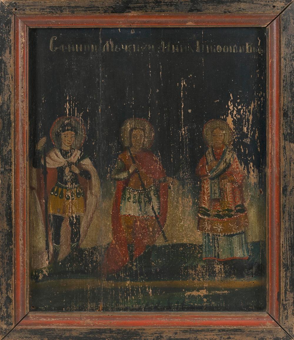 RUSSIAN WOODEN ICON DEPICTING THREE 34fb94
