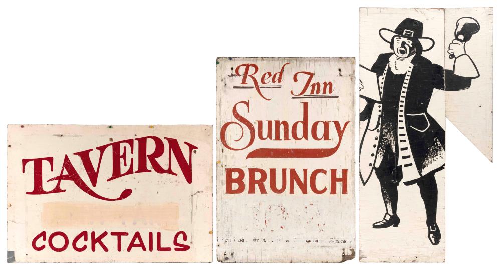 THREE WOODEN TRADE SIGNS PERTAINING