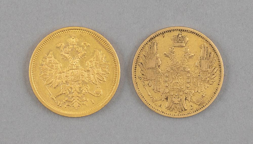 TWO RUSSIAN DOUBLE-EAGLE 5 ROUBLE