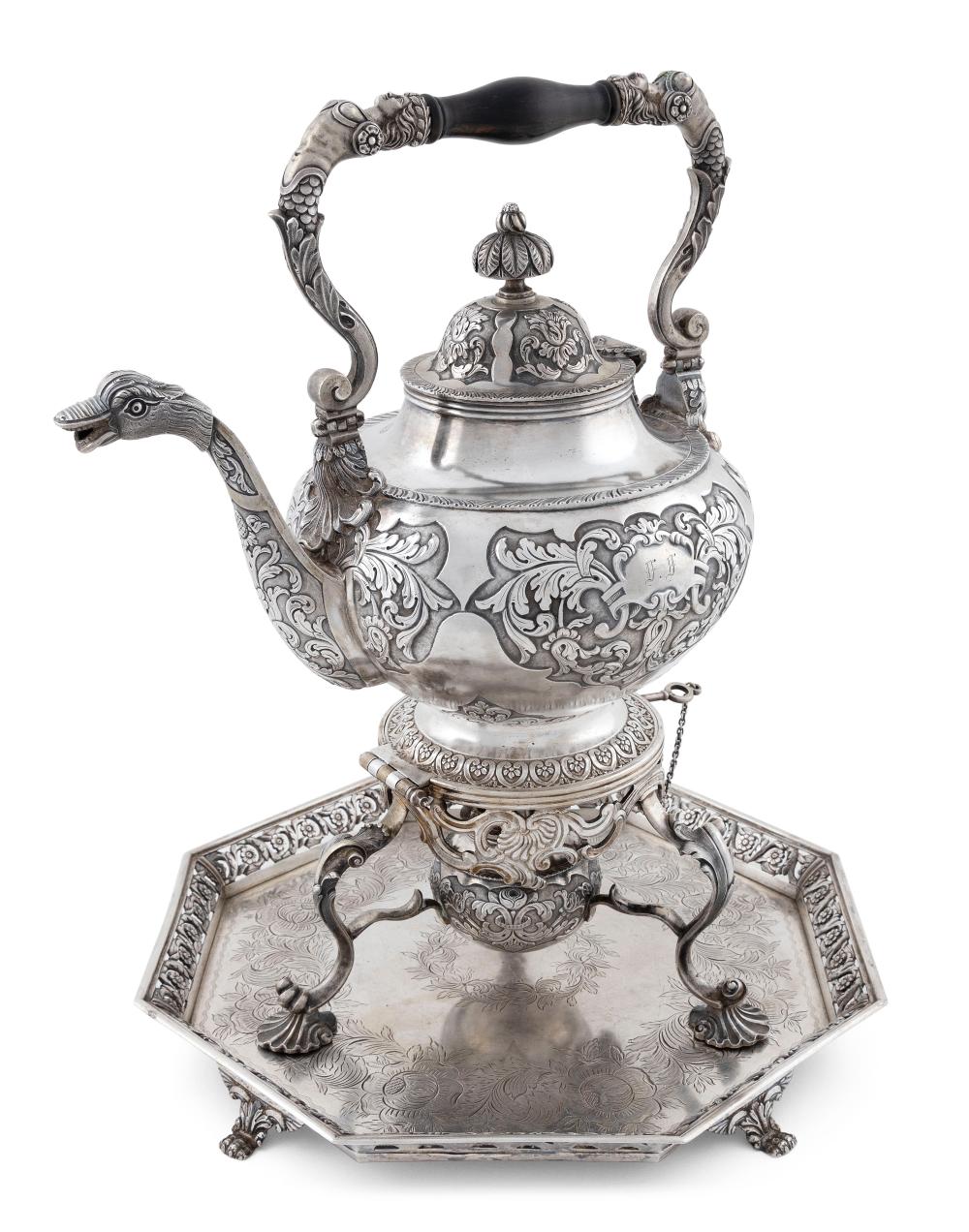 ORNATE PORTUGUESE SILVER SAMOVAR AND