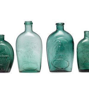 Four Molded Glass Green Flasks
American,