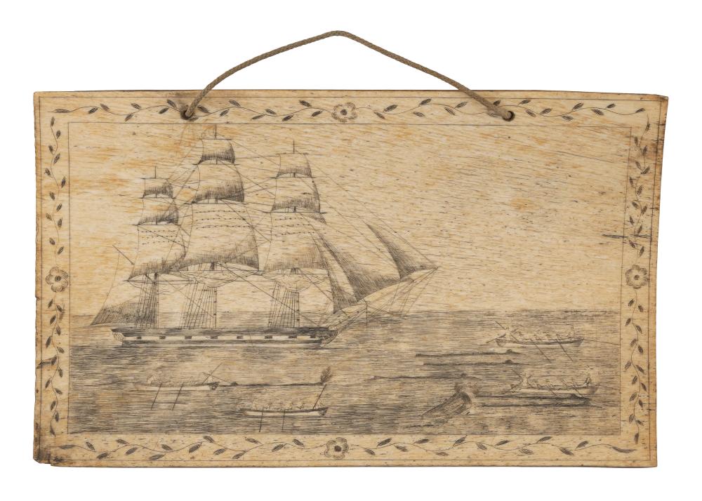 SCRIMSHAW PANBONE PLAQUE WITH WHALING