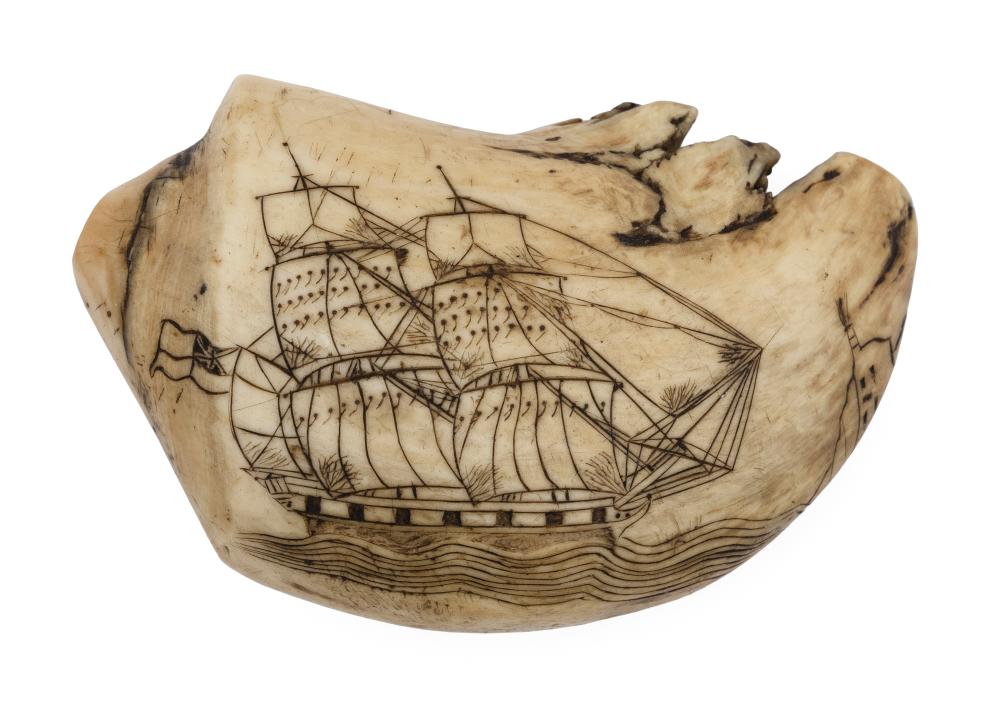 SCRIMSHAW WHALE'S TOOTH BY THE