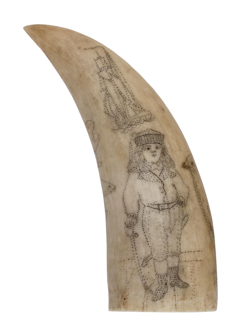 SCRIMSHAW WHALE'S TOOTH WITH A