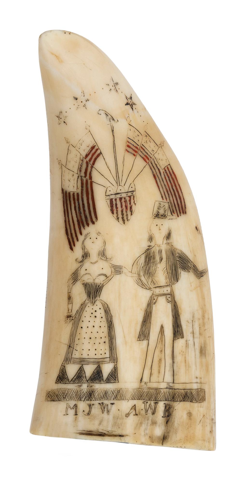 POLYCHROME SCRIMSHAW WHALE'S TOOTH