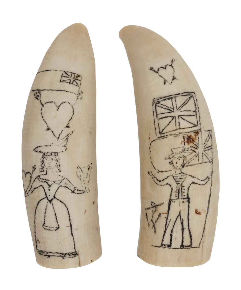 PAIR OF SCRIMSHAW WHALE'S TEETH