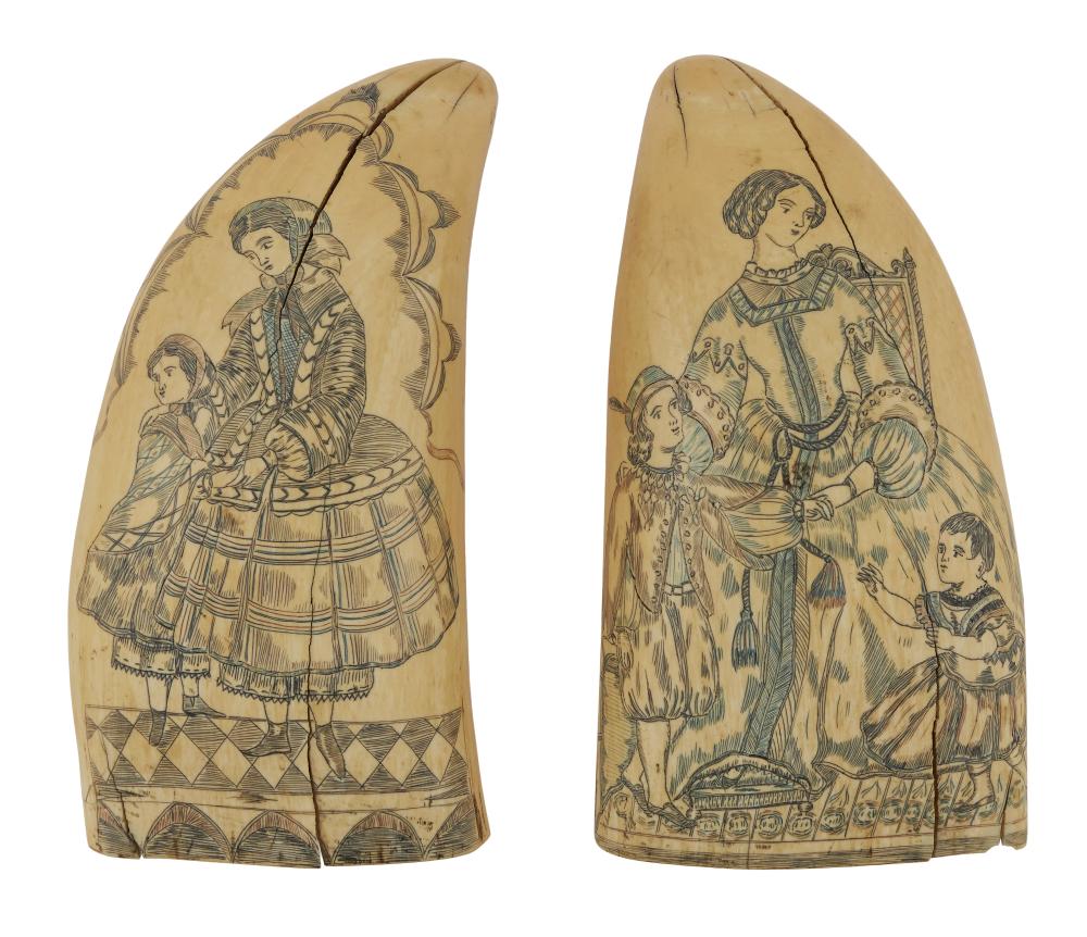 PAIR OF POLYCHROME SCRIMSHAW WHALE'S