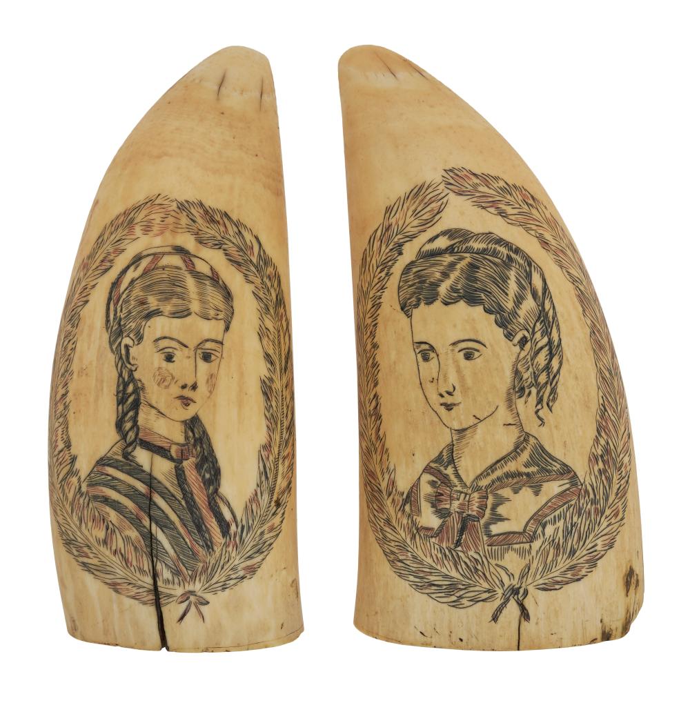 PAIR OF POLYCHROME SCRIMSHAW WHALE S 350162