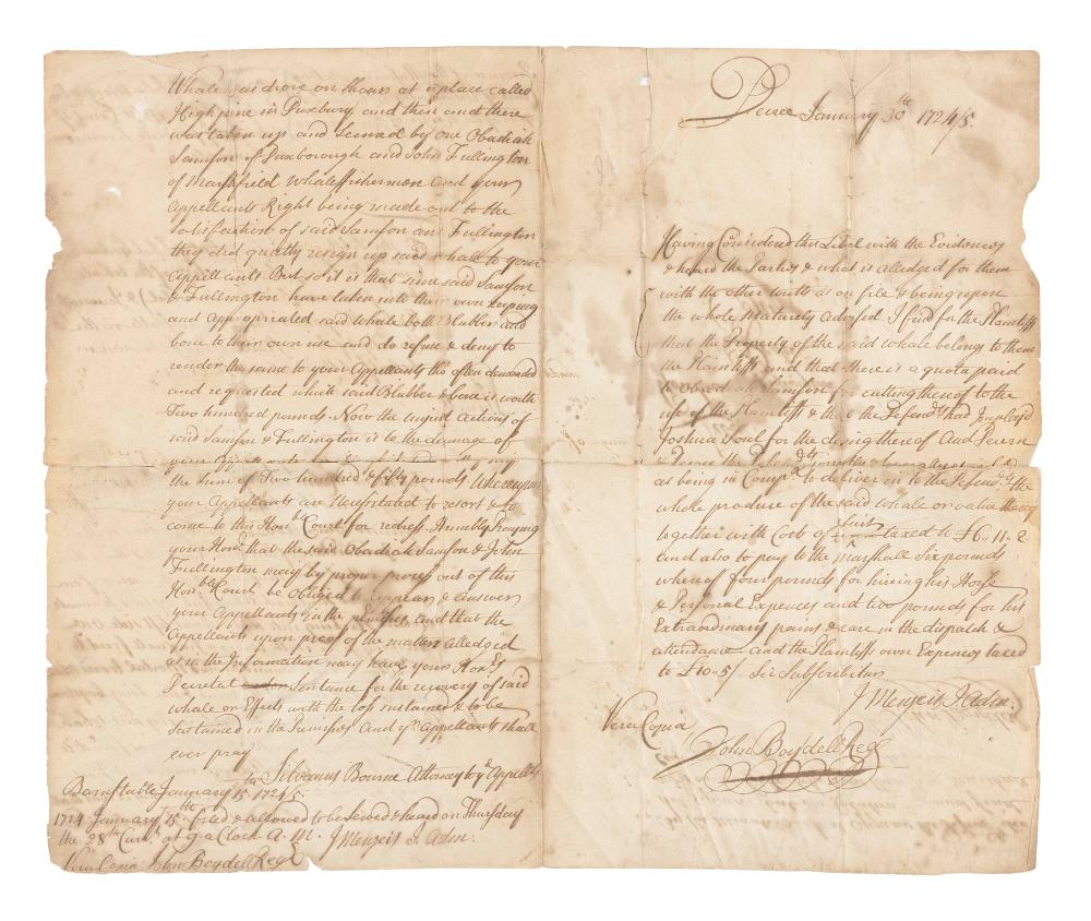 1724/1725 LETTER PERTAINING TO WHALING