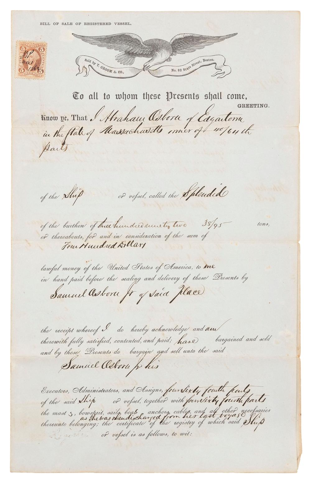 1862 BILL OF SALE FOR THE SHIP