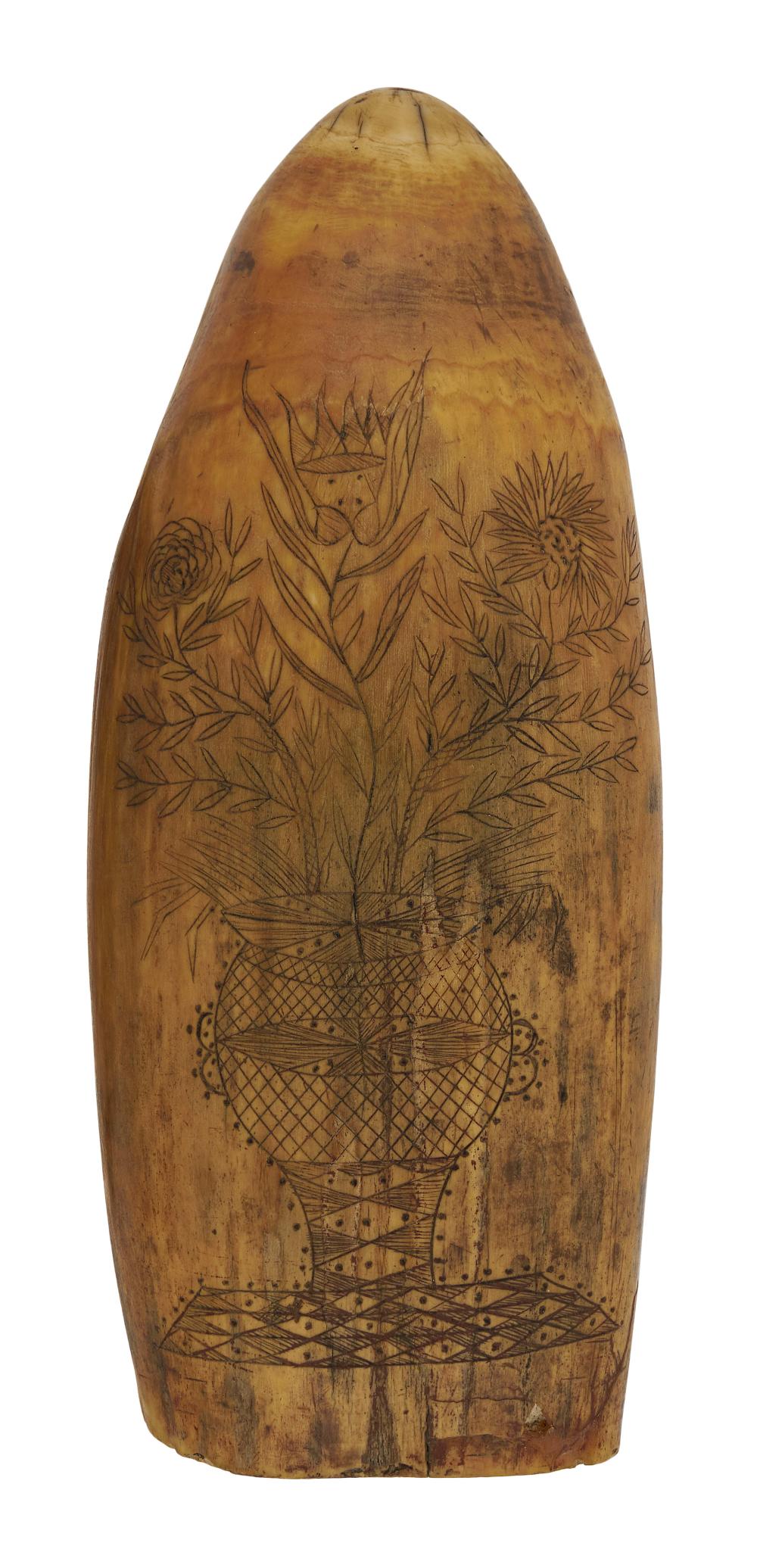 SCRIMSHAW WHALE'S TOOTH WITH URN