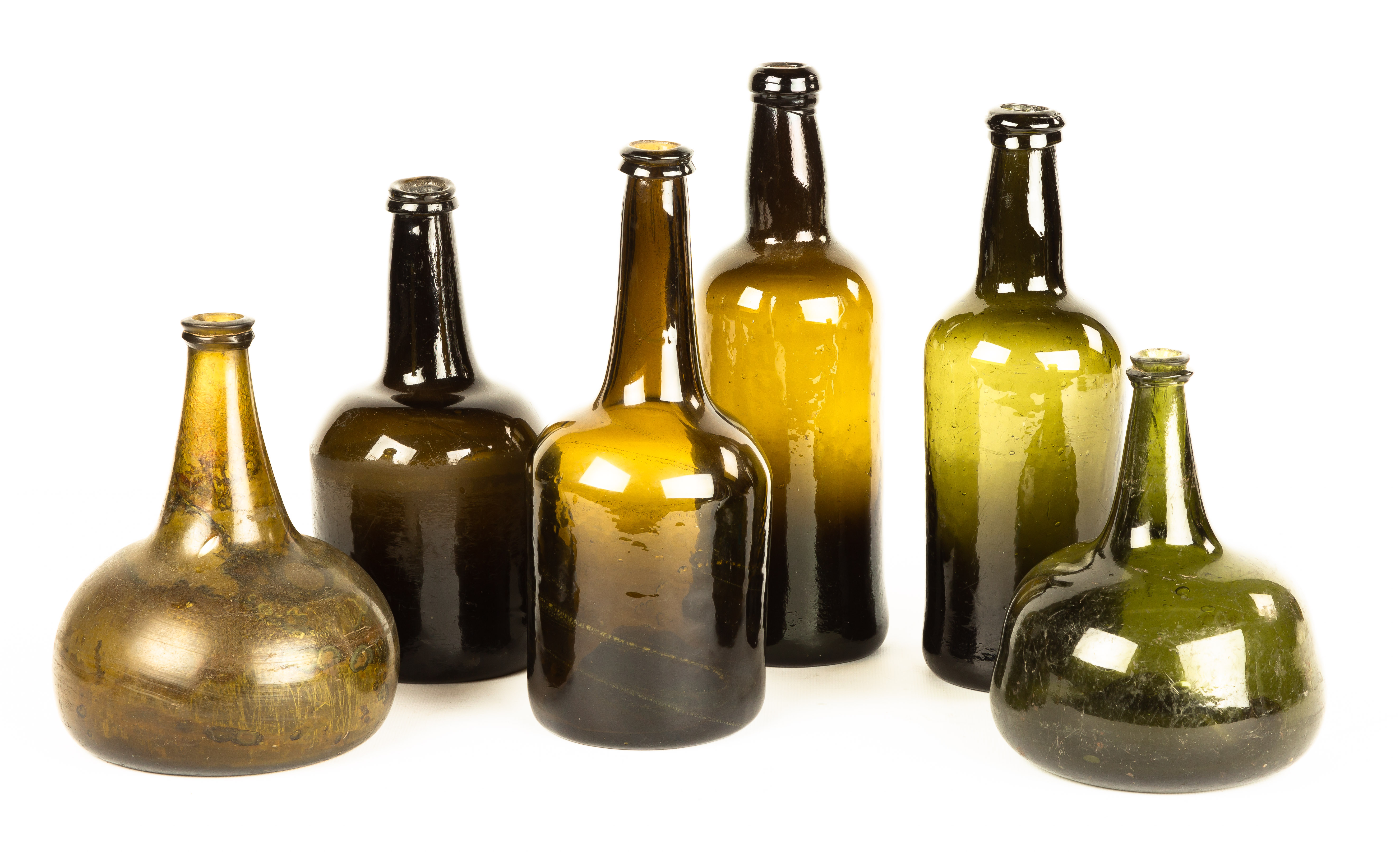 SIX EARLY BLOWN GLASS OLIVE GREEN 3529d9