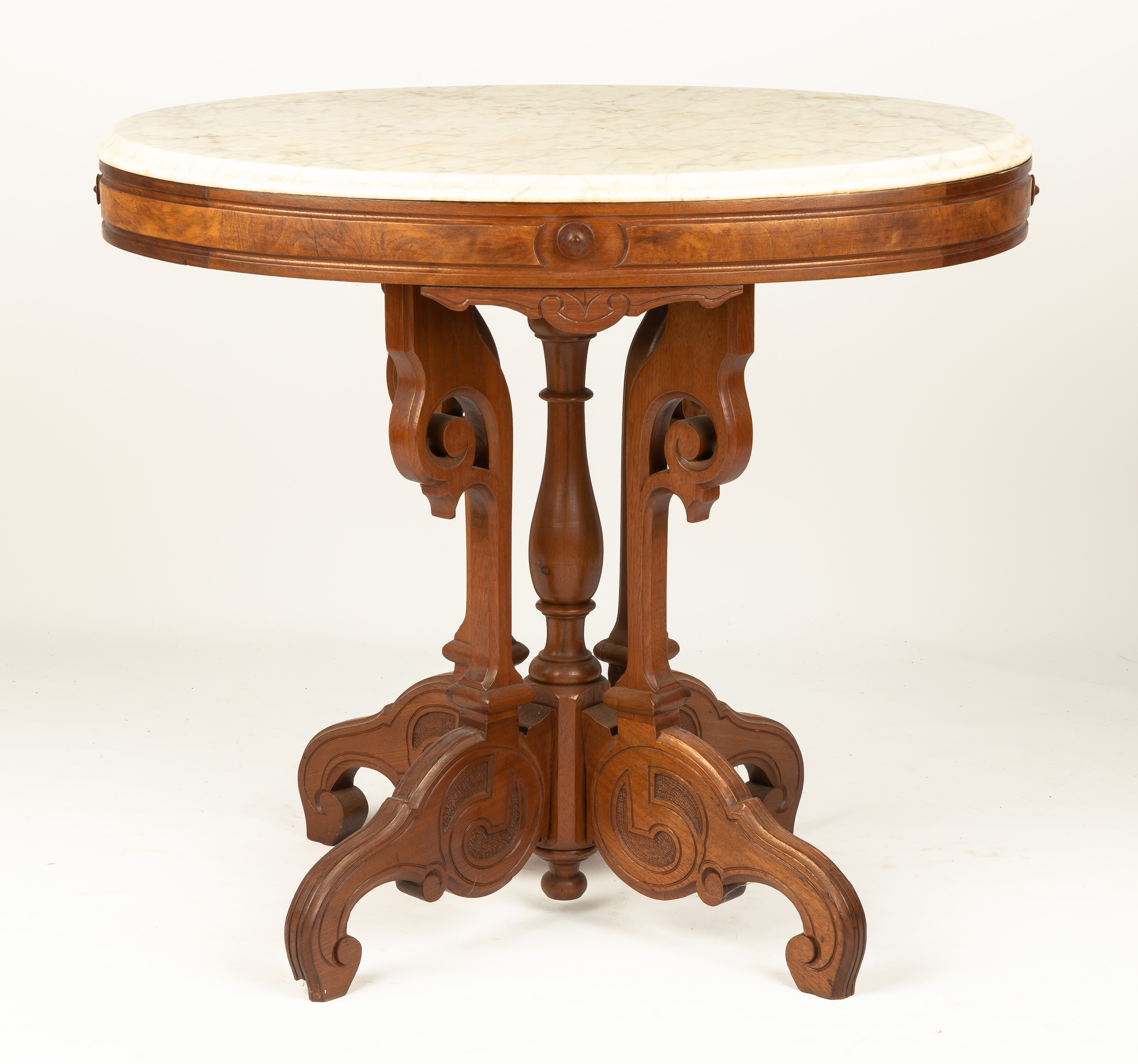 OVAL MARBLE-TOP WALNUT TABLE Oval Marble-Top