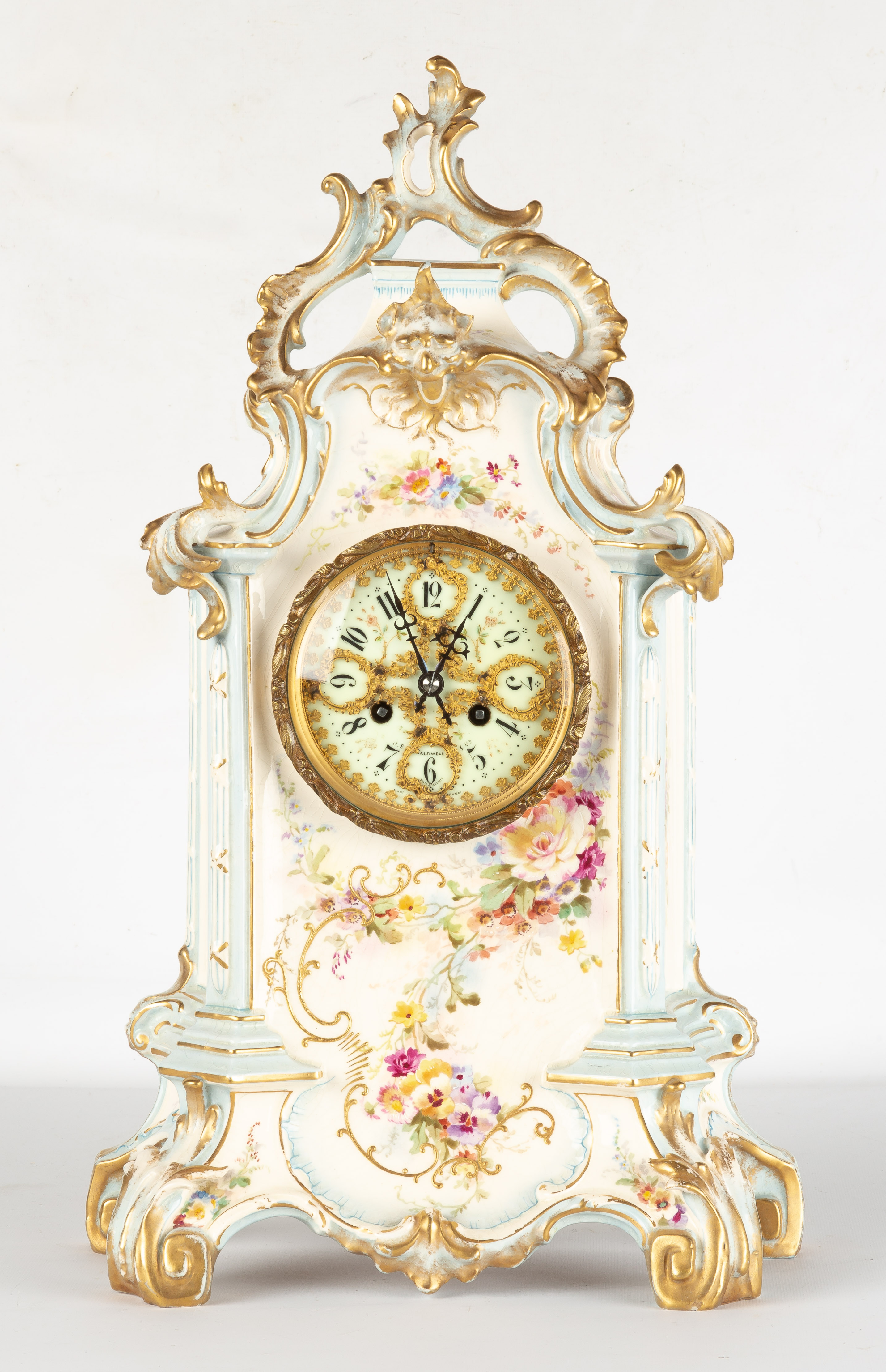 HAND PAINTED PORCELAIN SHELF CLOCK 352a46