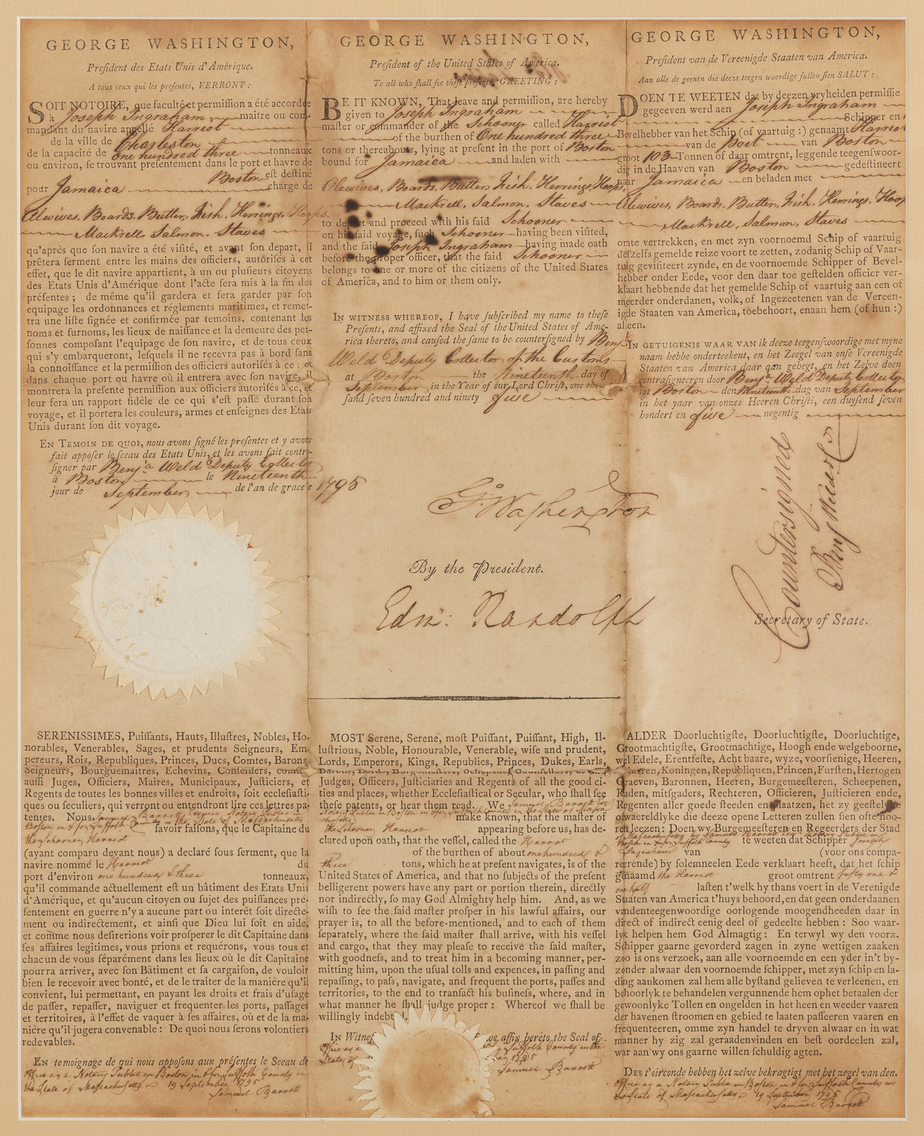 GEORGE WASHINGTON, SHIPPING DOCUMENT,