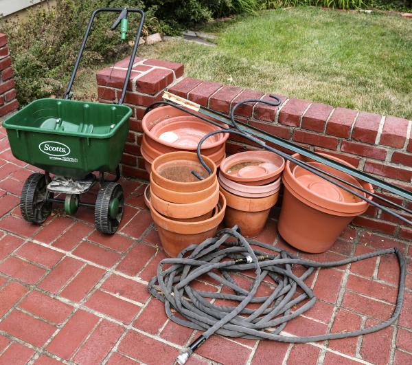 CLAY POTS, LAWN SPREADER, GARDEN