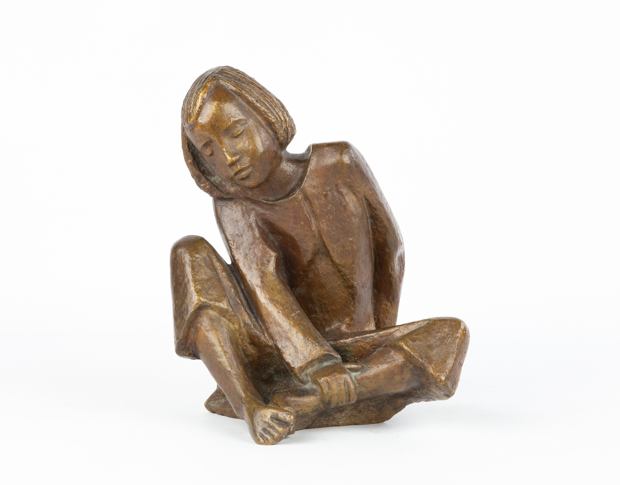 BRONZE SCULPTURE OF SEATED GIRL