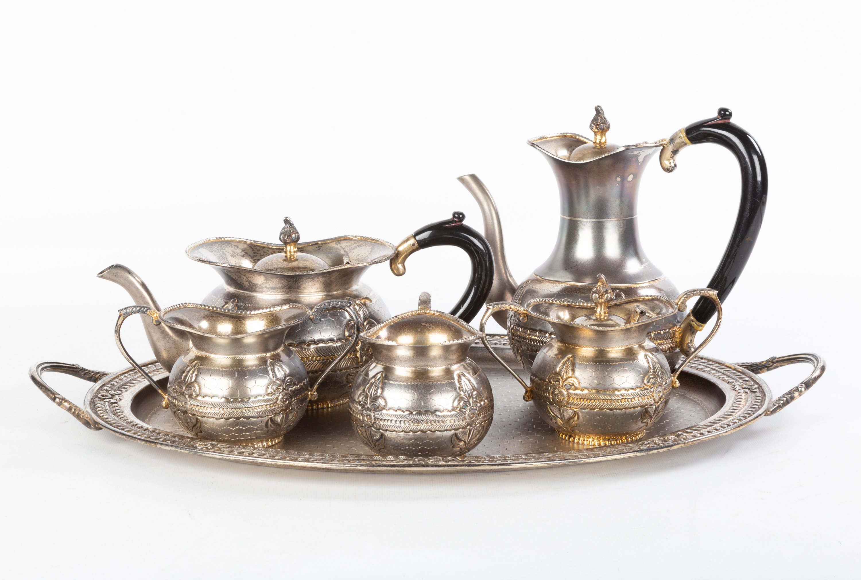 6 PIECE STERLING SILVER GILT TEA