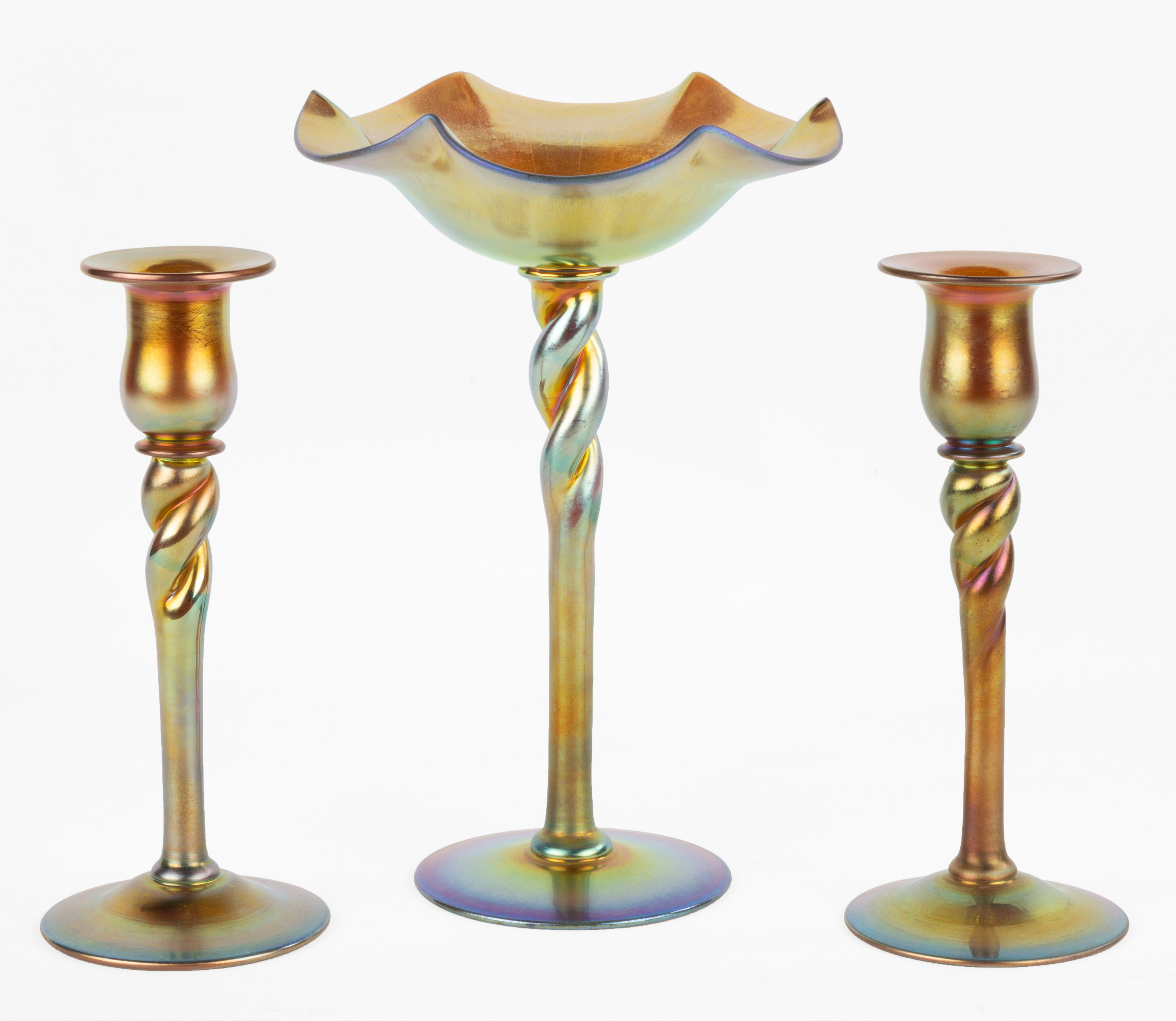 STEUBEN GOLD AURENE COMPOTE & CANDLESTICKS