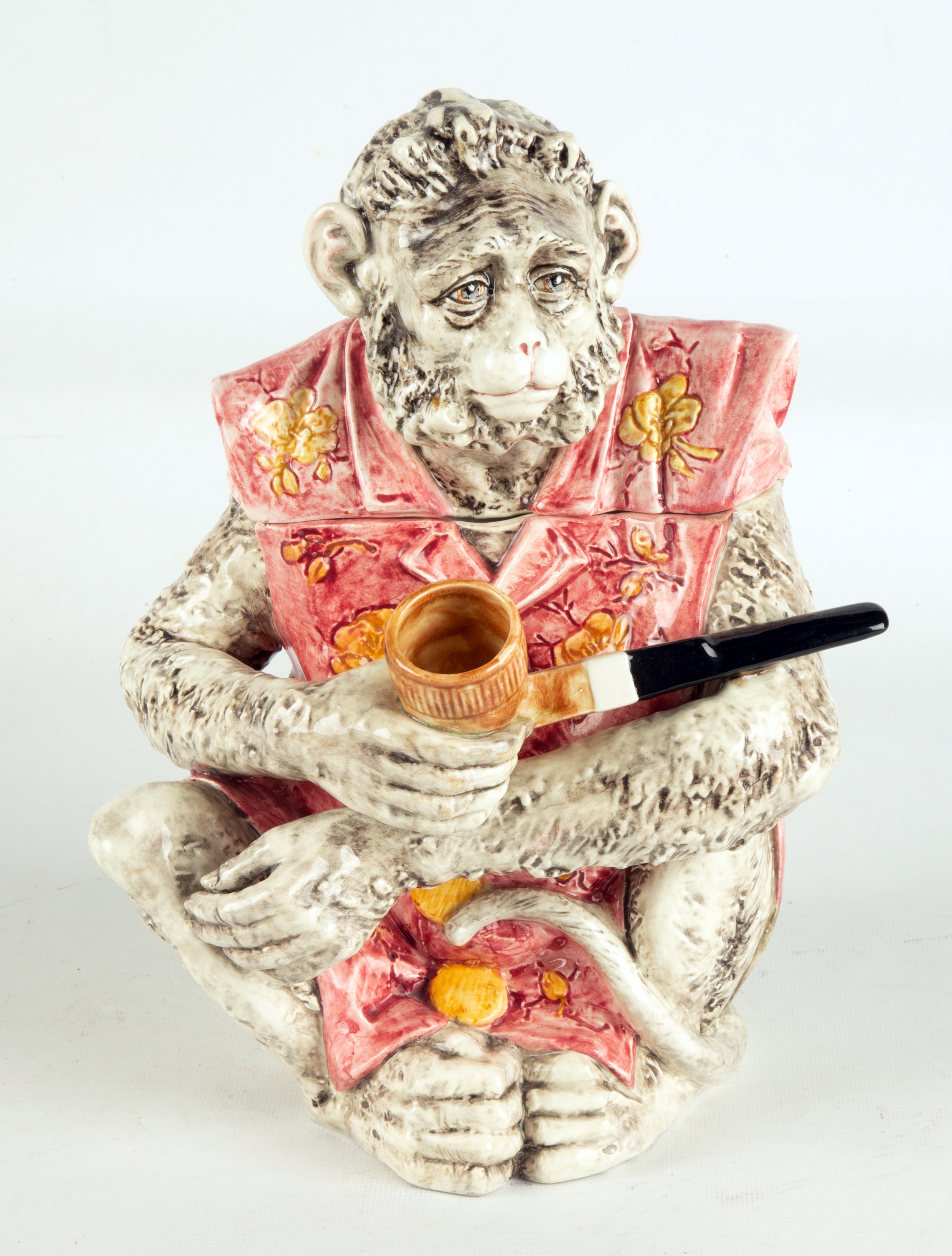 MAJOLICA POTTERY HUMIDOR, MONKEY SMOKING