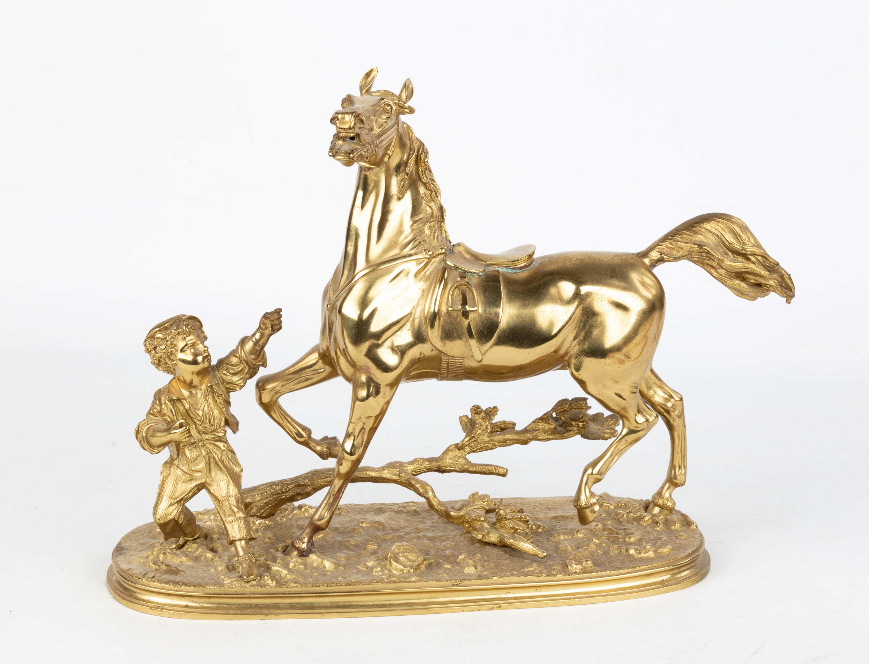 GILT BRONZE YOUNG BOY WITH HORSE