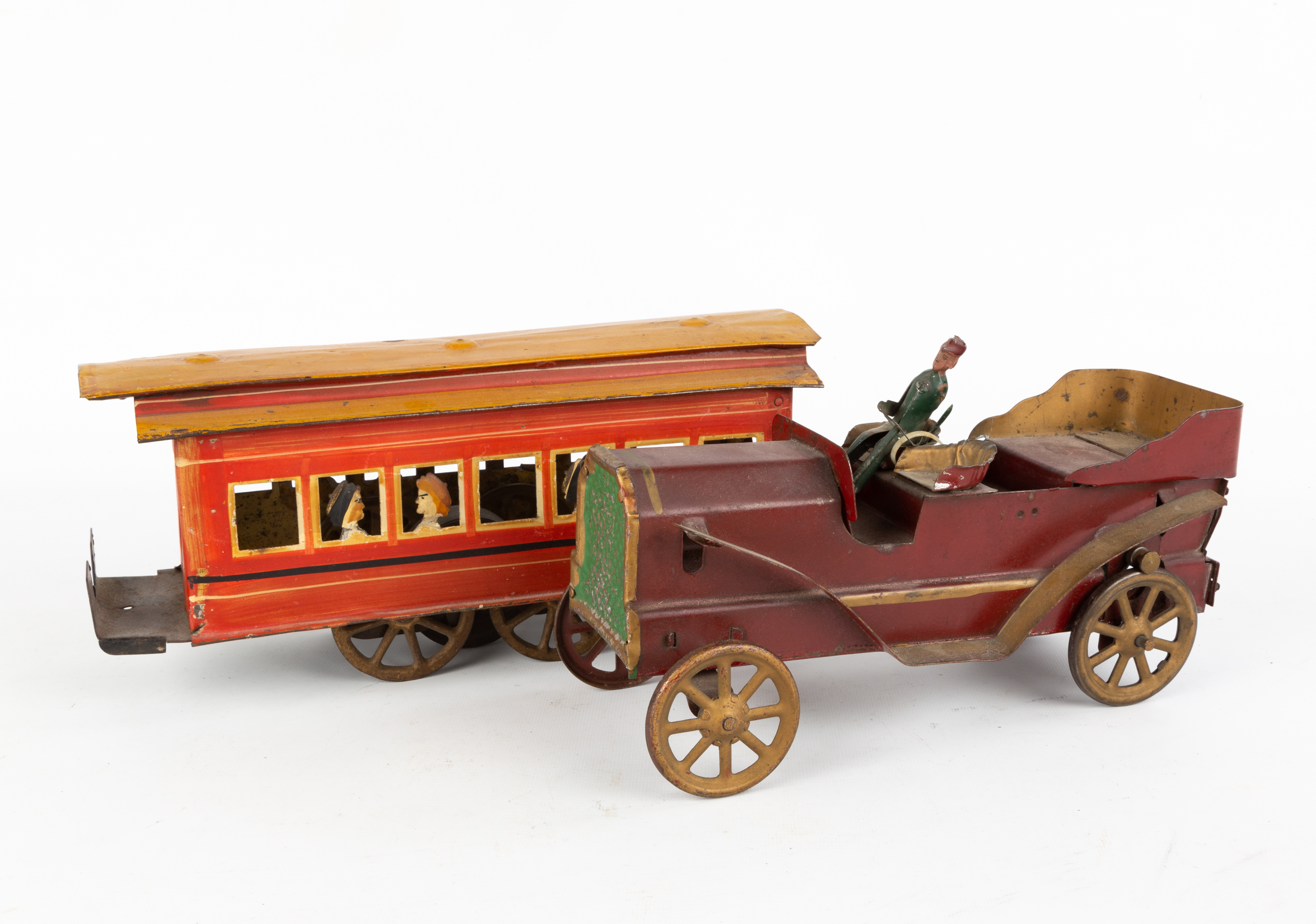 HILL CLIMBER TROLLEY & CAR TIN TOY Early