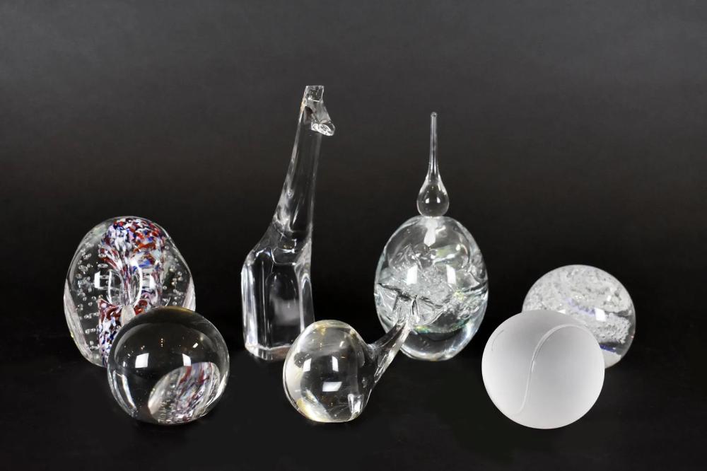 BACCARAT GLASS GIRAFFE, A WHALE & FIVE