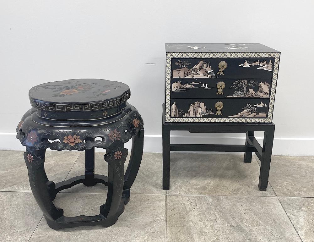 CHINESE BLACK LACQUER STOOL & A