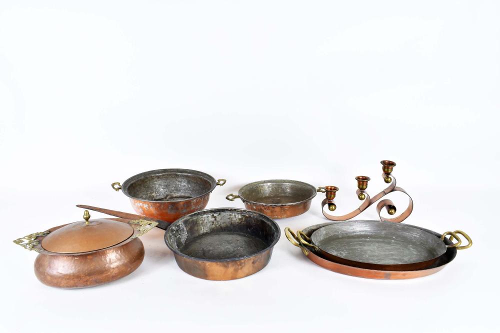 SIX COPPER KITCHEN PANS & A CANDELABRUMOf