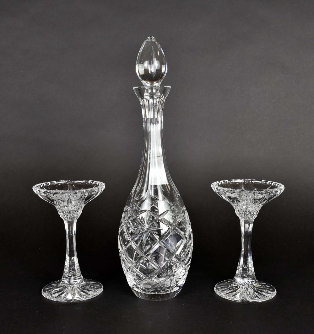 CUT-GLASS DECANTER & PAIR OF GLASS CANDLESTICKSBoth