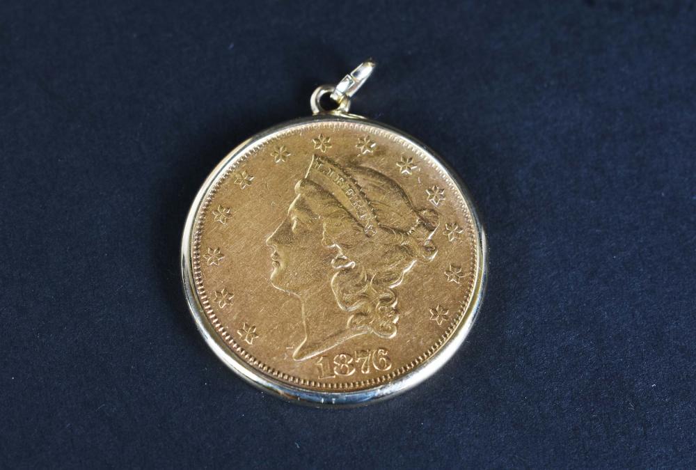 1876 LADY LIBERTY $20 GOLD COINMounted
