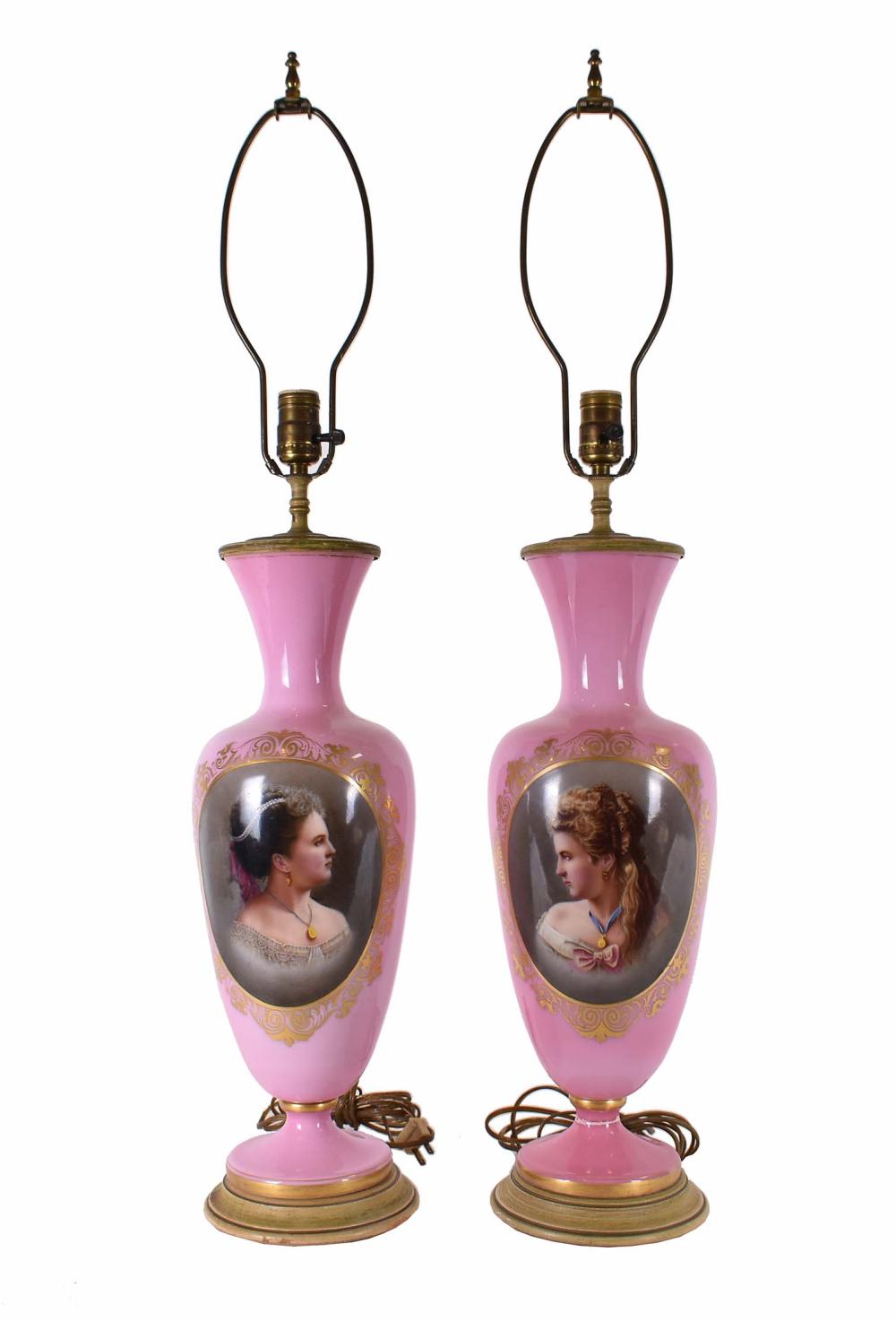 PAIR OF FRENCH PINK OPALINE VASES/LAMPSCirca