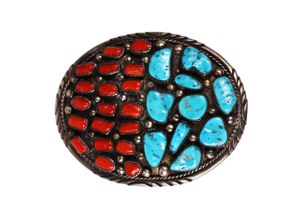 NATIVE AMERICAN TURQUOISE & CORAL MOUNTED