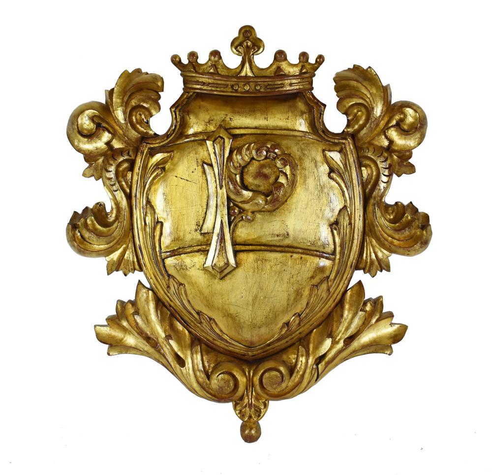 CONTINENTAL CARVED GILT WOOD ARMORIAL 353924