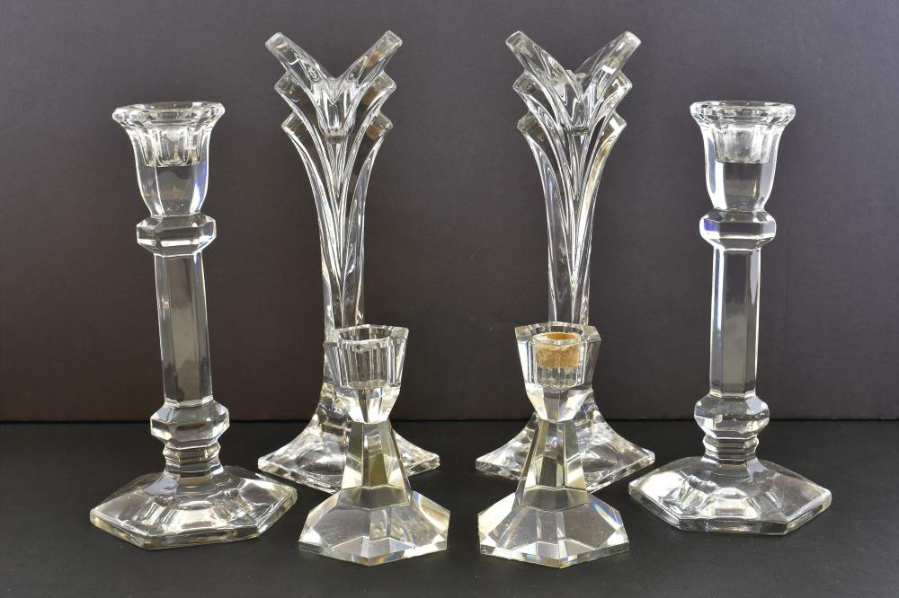 THREE PAIRS OF CUT GLASS CANDLESTICKSHeights