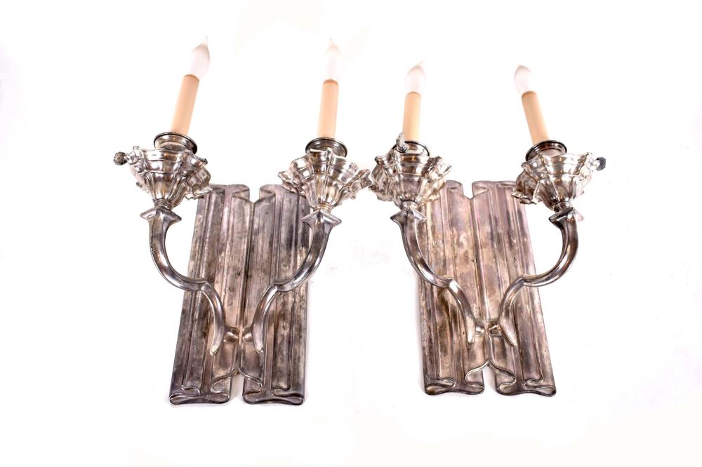 PAIR OF SILVERED METAL TWO-LIGHT
