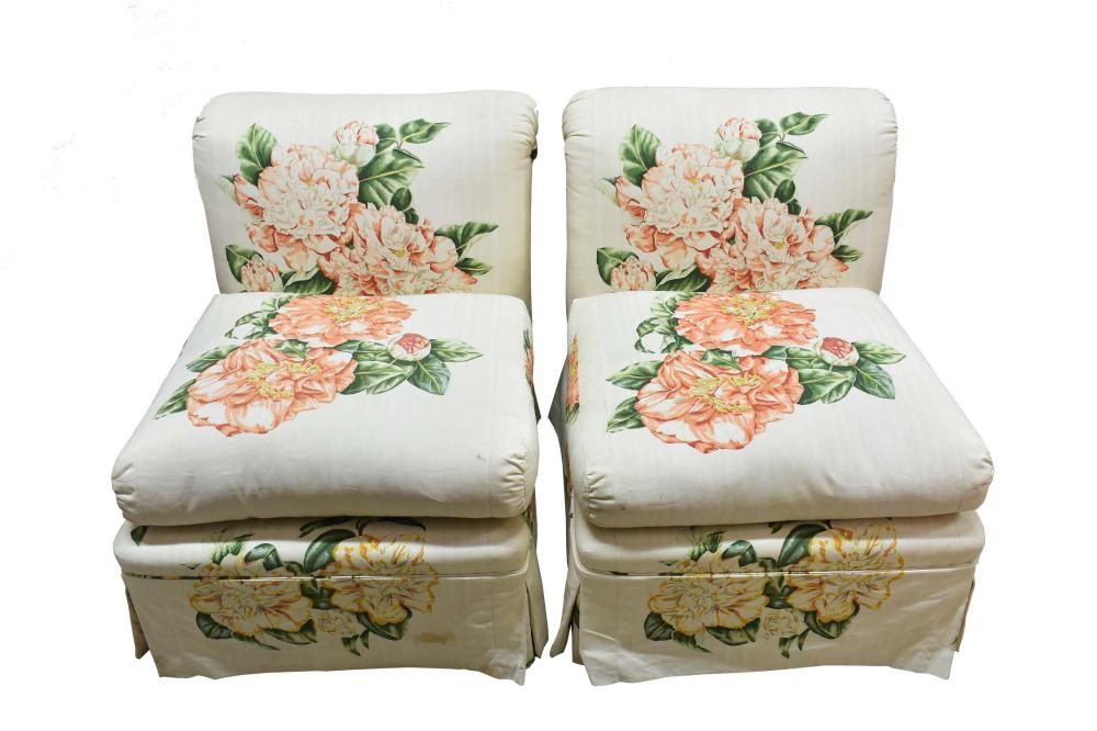 PAIR OF CHINTZ UPHOLSTERED SLIPPER