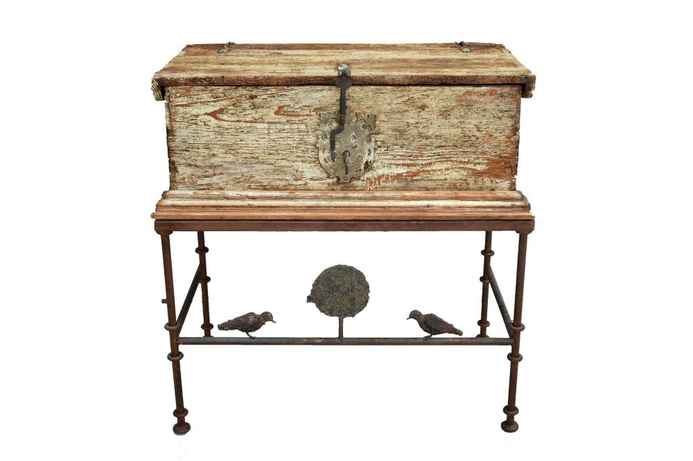 RUSTIC TRUNK ON IRON STAND20th