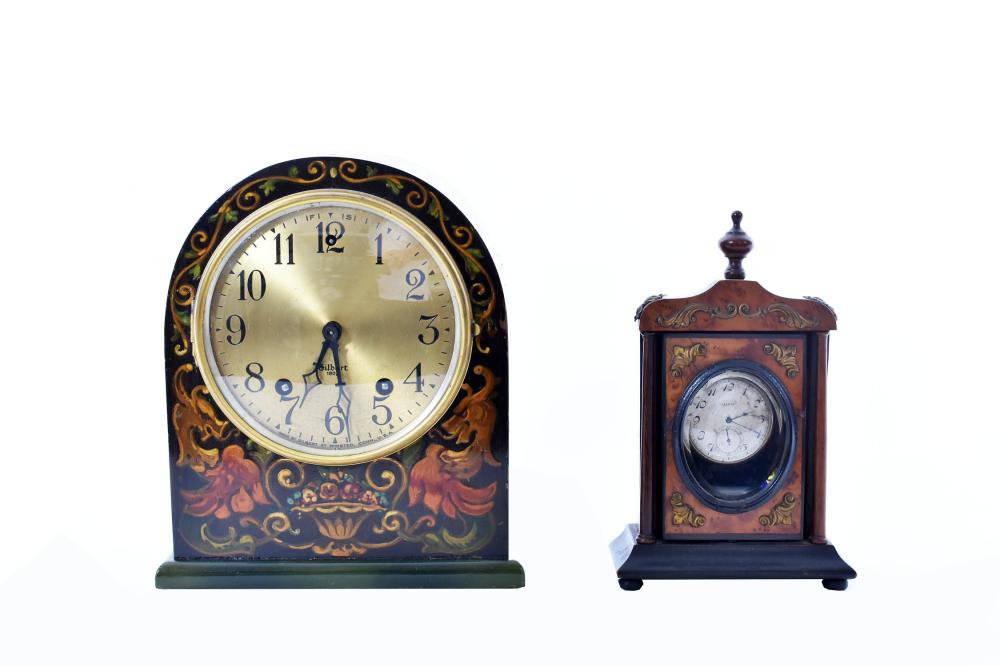 TABLE CLOCK, A POCKET WATCH AND A BALL