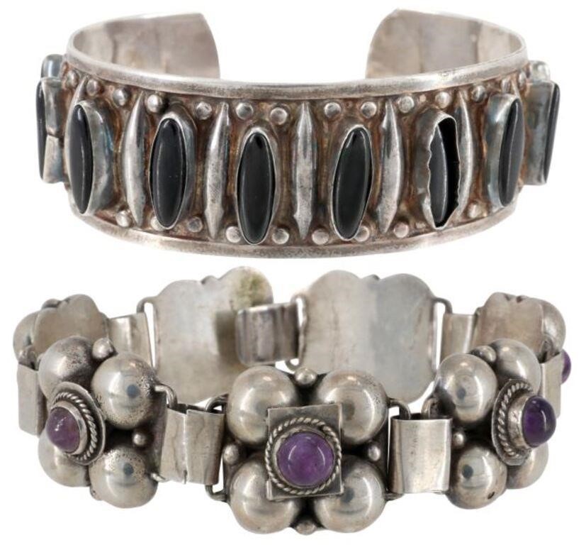 (2) SILVER LINK & CUFF BRACELETS,