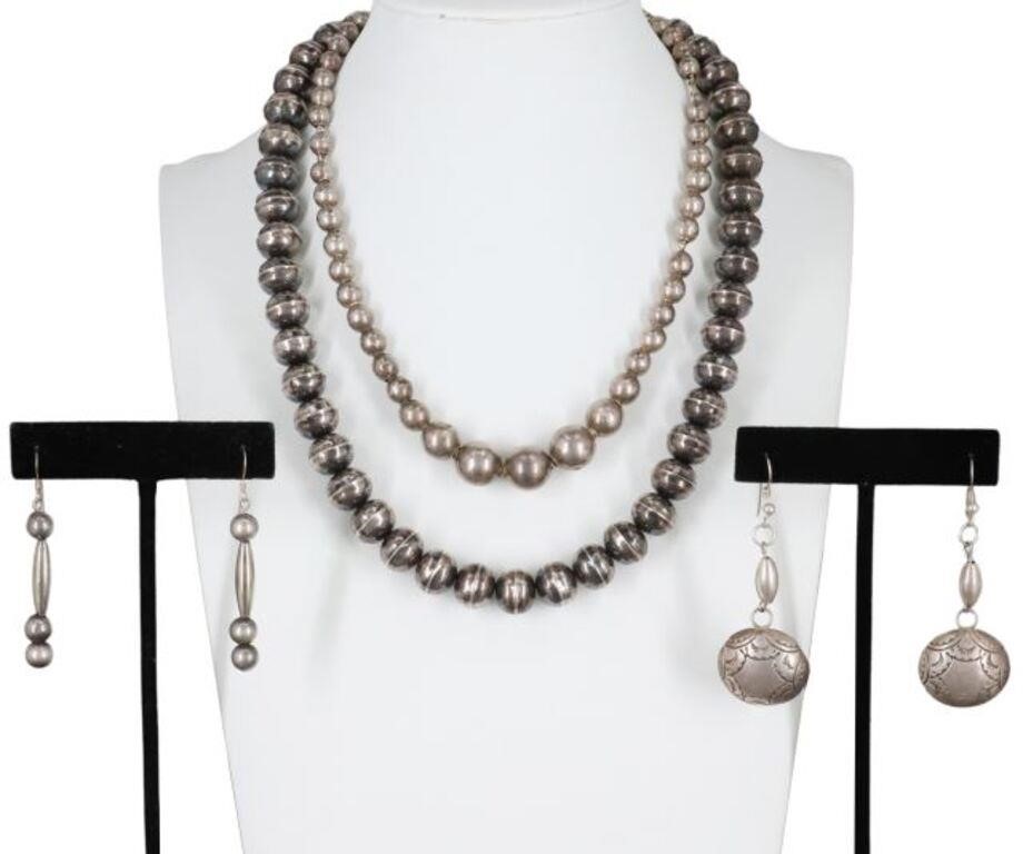 (4) SOUTHWEST SILVER BEADED NECKLACES