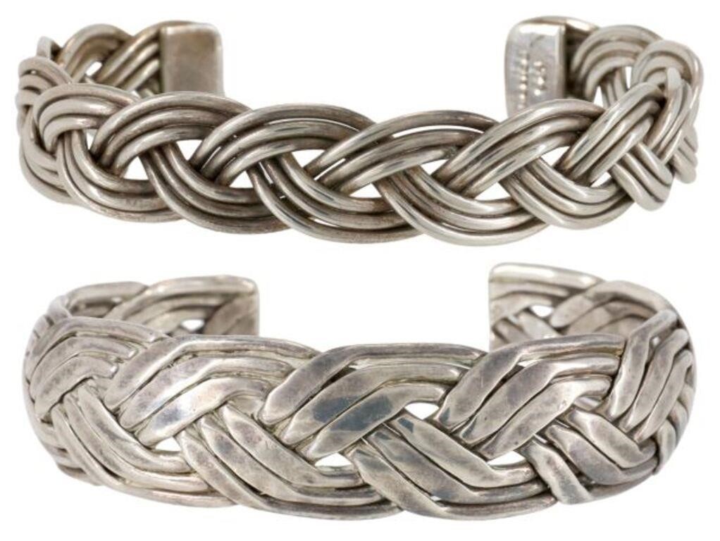 (2) BRAIDED STERLING SILVER CUFF BRACELETS,