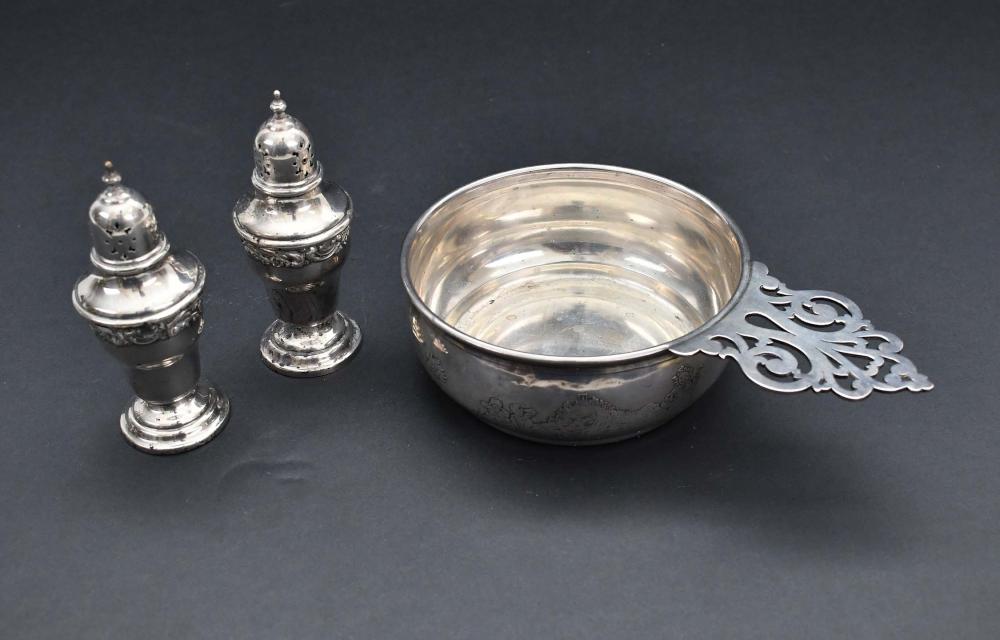 STERLING PORRINGER & PAIR OF SILVER