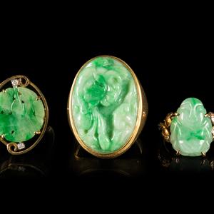 Three Jadeite Inset Gold Rings 20TH 351d23