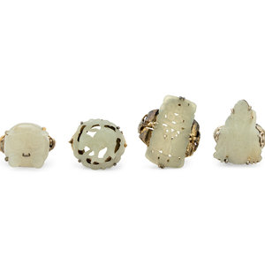 Four Chinese Jade Inset Gilt Silver