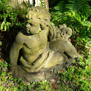 A Pair of Cast Stone Seated Putti depicting 351edf
