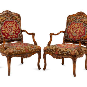 A Pair of R gence Walnut Needlepoint Upholstered 352076